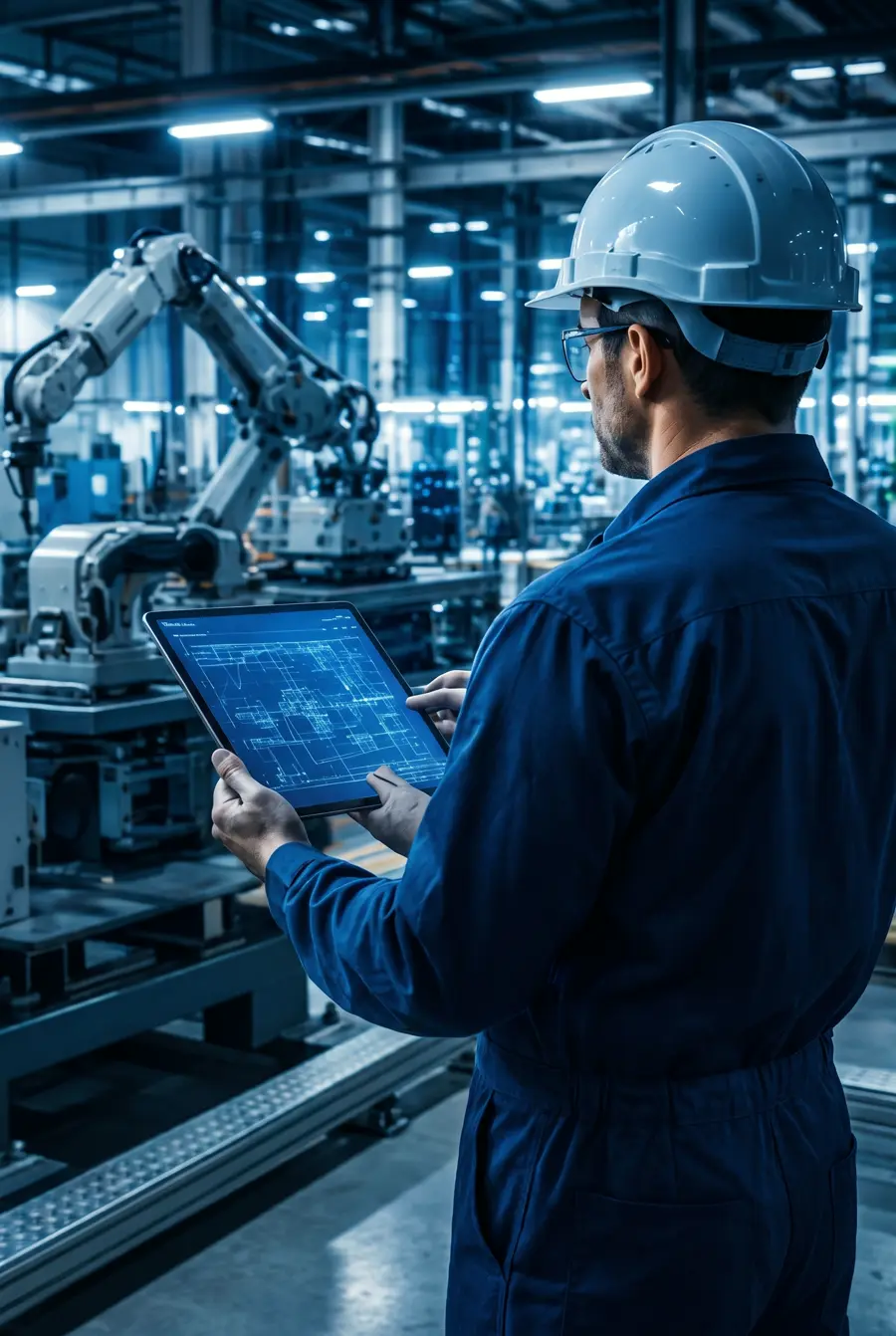 Techniker mit Tablet vor einer Fertigungsanlage