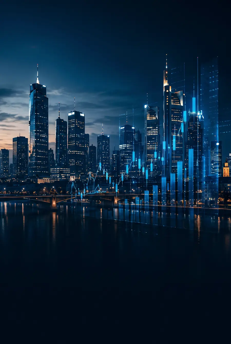 Bankenskyline bei Nacht mit eingeblendeten Kursverläufen